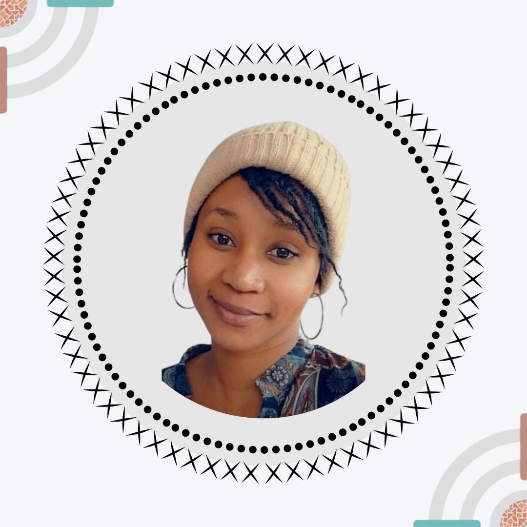 Smiling person wearing a beige beanie and large hoop earrings, framed by decorative circular pattern.