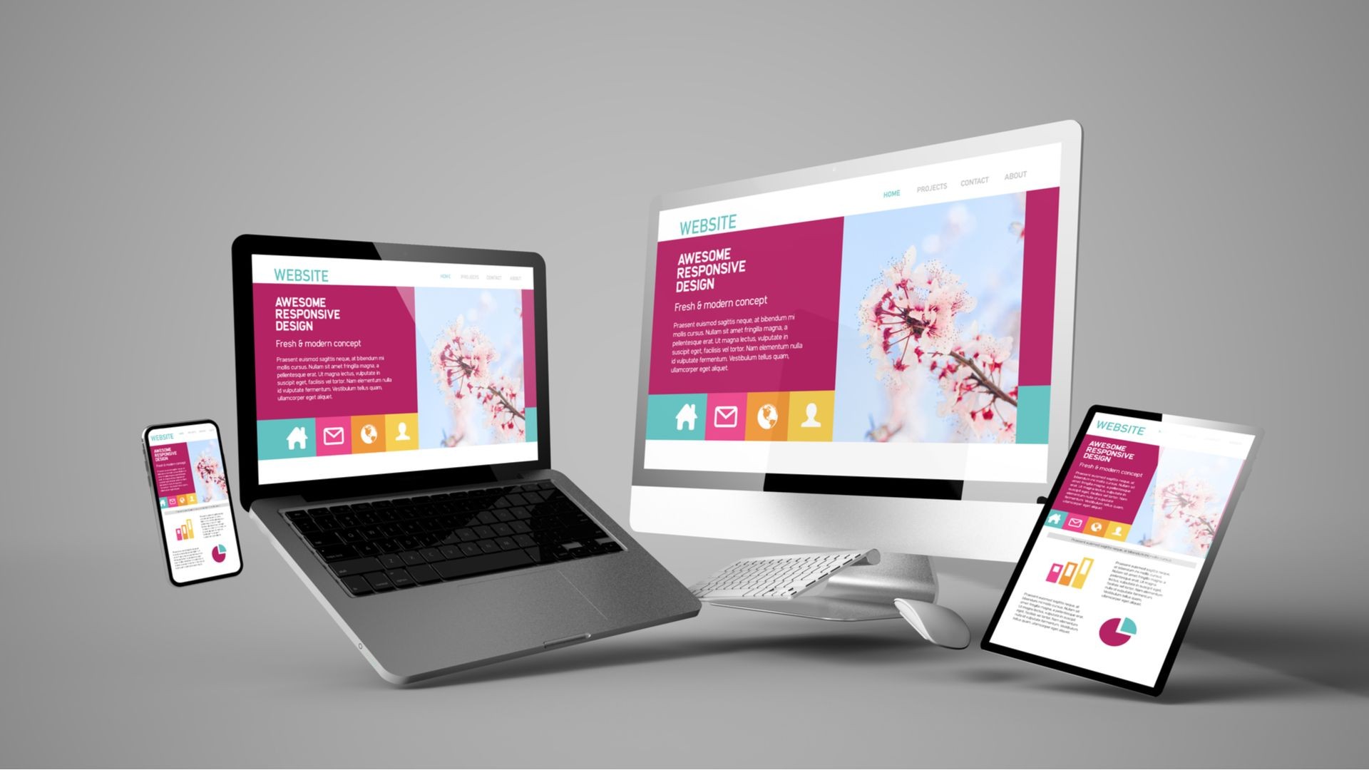 Responsive website design displayed on a smartphone, laptop, desktop, and tablet against a gray background.