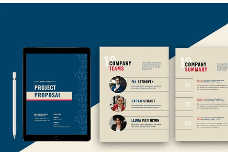 Project proposal documents displayed alongside a tablet and a stylus, featuring company team members and summaries.