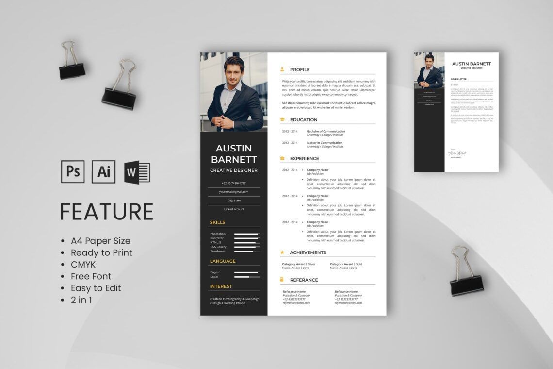 Professional resume and cover letter template layout with photo and features listed on a light background.