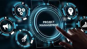 Hand pointing to a circular digital interface labeled 'Project Management', surrounded by icons representing various functions.