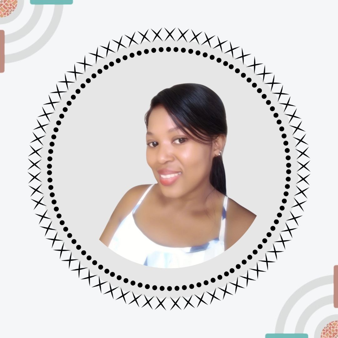 Smiling woman with dark hair in a decorative circular frame on a patterned background.